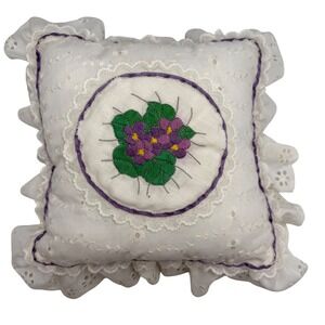 Vintage Handmade Embroidered Lace Pillows Cottagecore Purple Floral Set